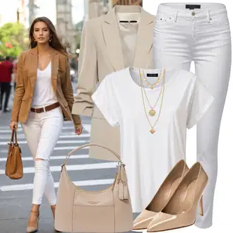 Shirt outfits mit Bela/Črna/Khaki/Temno zelena/Temno siva Ravna Hlača/Usnjena Hlača/Skinny Hlače/Hlača z Razporkom/Slim Hlača/Hlače iz Imitacije Usnja 2ndday, Črna/Bela/Temno modra/Modra Klasična Dolžina/Kratka majica/Srajca Carmen/Priložnostni Vrh Trendyol "Bež Blazer Eleganten Videz"