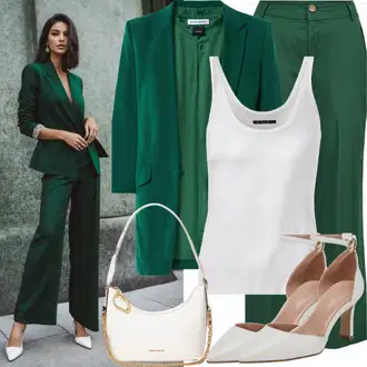 Kombinacije za matični ured Ležerno Gost sa Tamnozelena/Zeleno lakerta, Bijela Sandala s petom/Sandala s klinastom petom/Pumpa na Niskoj Peti/Vintage sandala/cipela s remenom/Ljetna Cipela fox shoes "Boho elegantni stil"Look: Stil, Elegantna, Pametno ležerno, Chic, cool, Irski, Jazz, Ležerno, Francuske, Ured, Rak, Unisex, Elegantan, klasický, Šik, Trendi, Prevelik, moderne, Običan, Vintage