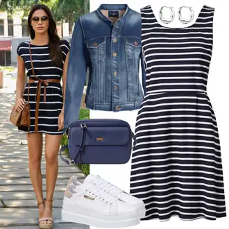 Outfit Inspo Poletje mit Temno modra/Modra Enobarvna obleka/Skater obleka/Mini obleka/Fit & Flare Obleka/Chic Oblačilo Numoco, Zelena/Modra/Krem/Rjava/Svetlo modra/Temno modra/Pastelne barve/Bela Kratka Denim Jakna/Denim Jakna levi's, Srebrna/Siva/Bela Uhanček Guess, Modra/Temno modra Torba Vuch "Boho oblačilo Sproščeno"