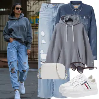 Outfit inspiracije 90-ich sa Plava/Smeđa Tradicionalni kardigan/Vintage Jakna/Kratka Traper Jakna GAP, Svjetloplava Traperice Široke Nogavice Trendyol "Boyfriend traperice 90-ih godina izgled"Look: Rock 'n' Roll, Lav, cool, 90-ich, Mom, Francuske, Princeze, GoGo, Ležerno, Prekrasan, Pametno ležerno