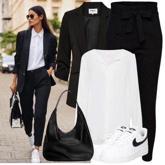 Outfit sa Crna Hlača sa Stremenom/Hlače Visokog Struka/Paperbag Hlača/Pletena Tajica VERO MODA "Opušteni izgled"