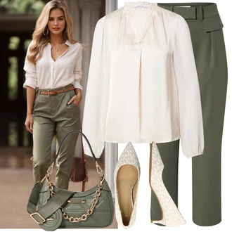 Outfit s Bílá/Béžová Saténová Halenka/Zavazovací Halenka/Halenka s Nafouknutým Rukávem/Otevřená Halenka/Carmen Blůza/Neobvyklá Halenka/Halenka se Stojatým Límcem/Hedvábná Halenka/Halenka s Mašlí/Elegantní Halenka About You "Módní jarní outfit"