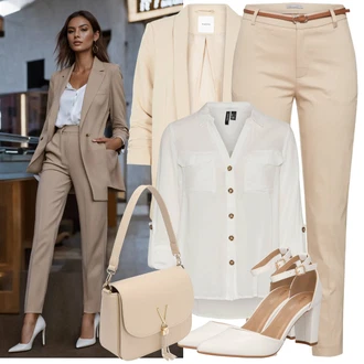 Outfit s Šedá/Khaki/Bílá/Hnědá/Béžová/Světle zelená Tunikové Tričko/Halenka S 3/4 Rukávem/Blůza s nášivkou na lokti/Oversize Muselínová Blůza/Kožená bunda/Blůza s knoflíčkem Vero Moda Tall "Cool každodenní outfit"