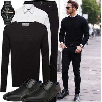 Lyocell Outfit mit Schwarz Langarm-Shirt/Longshirt/Strick Top/Rollkragenshirt/Klassische Länge/Hemdoberteil SELECTED HOMME "Business Outfit"