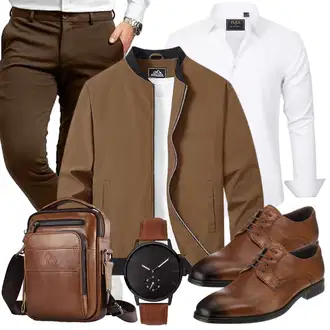 Büro Outfits Frühling mit Khaki/Dunkelbraun Performance Pants, Braun/Khaki/Dunkelbraun/Beige Innenfutter Jacke/Übergangsjacke/Collegejacke/Coachjacke/Bomberjacke MAGCOMSEN "Business Outfit"