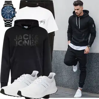 Outfit mit Schwarz/Khaki/Dunkelgrau Cargohose/Funktionshose/Zip Off Hose/Cargo-Jogginghose/Trekkinghose/Winterhose Jack & Jones "Casual Outfit"