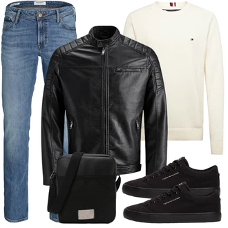 Große Größen Outfit mit Schwarz/Creme/Dunkelgrün Mantel/Lederjacke/Leder Bomberjacke/KunstLederjacke/Vintage Lederjacke/Bikerjacke/Motorradjacke Jack & Jones "Casual Outfit"