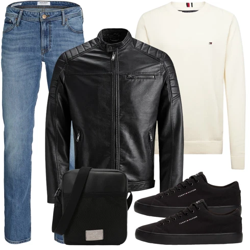 Schwarz/Creme/Dunkelgrün Mantel/Lederjacke/Leder Bomberjacke/Kunstlederjacke/Vintage Lederjacke/Bikerjacke/Motorradjacke Jack & Jones kombinieren
