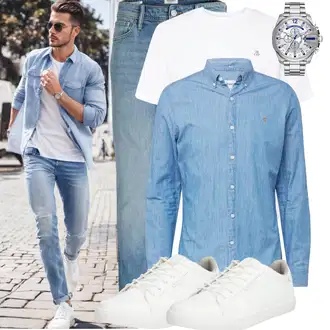 Outfit mit Blau/HellBlau Dad Jeans/Vintage Jeans/Tapered-Jeans/Girlfriend Jeans/Straight Leg Jean/Mom Jean/Boyfriend Jean/Regular-Fit Jeans/Formelles Hemd/Sportschuhe/Cropped Jeans Jack & Jones "Casual Outfit"