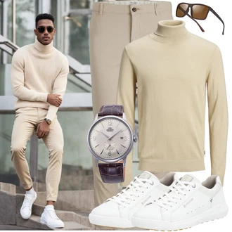 Outfit mit Khaki/Beige/Gelb Rollkragenpullover/Feinstrickpullover/Einfacher Pullover Jack & Jones "Casual Outfit"