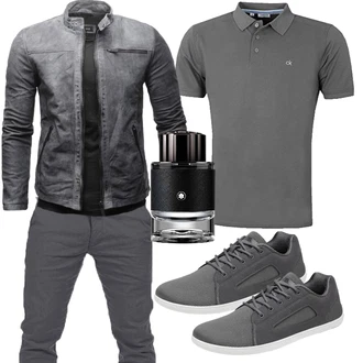 Outfit mit Dunkelgrau/Grau/Dunkelblau Leder Bomberjacke/Motorradjacke/Bikerjacke/Jacke mit Seitlichem Reißverschluss/KunstLederjacke Crone "Casual Outfit"