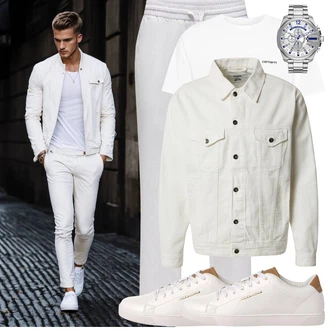 Knielang Outfit mit Weiß/Creme/Beige Schmaler Sneaker/Leder Sneaker/Sneaker Low/Sneaker Mit Seitlichem Reißverschluss Jack & Jones "Casual Outfit"