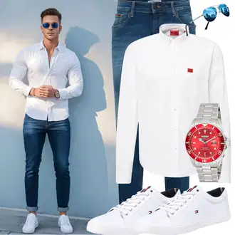 Outfit mit Weiß/Creme Sneaker Low/Schmaler Sneaker/Leder Sneaker/Sommer Sneaker/Canvas-Sneaker/Freizeitschuh/Skateschuh/Sneaker Mit Seitlichem Reißverschluss Tommy Hilfiger "Casual Outfit"