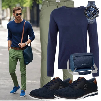 Outfit mit Dunkelblau/Blau Feinstrickpullover/Einfacher Pullover/Wollpullover/Basic Pullover/Rundhals Pullover/Thermo Pullover/Kaschmir Pullover Selected/SELECTED HOMME "Casual Outfit"