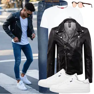 Große Größen Outfit mit Schwarz/Creme Mantel/Bikerjacke/Lederjacke/Vintage Lederjacke/Motorradjacke/KunstLederjacke gipsy by mauritius "Casual Outfit"