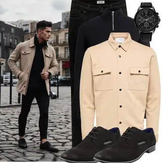 Outfit mit Beige/Khaki Mantel/Hemdbluse/Businesshemd/Musselin Hemd/Bügelfreies Hemd/Bluse Große Größe/Bluse und Tunika/Casual Hemd/Business Hemd SELECTED HOMME "Casual Outfit"