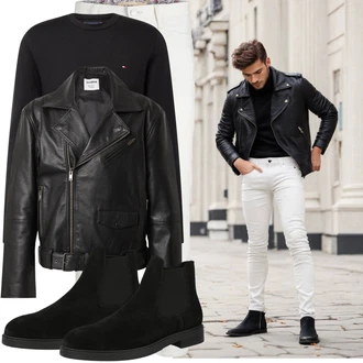 Mit Absatz Outfit mit Schwarz Stiefelette Lederjacke/Chelsea Boot/Flache Stiefelette/GummiStiefelette SELECTED HOMME "Casual Outfit"