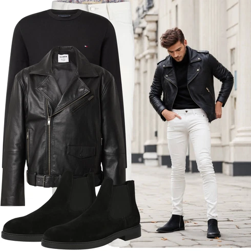 Schwarz Stiefel Lederjacke/Chelsea Boot/Flache Stiefelette/GummiStiefelette SELECTED HOMME kombinieren