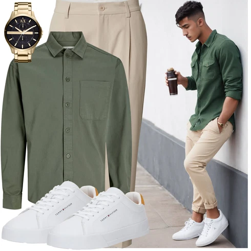 Boyfriend Dunkelgrün/Khaki/Grün BusinessHemd/Casual Hemd/Business Hemd/Musselin Hemd/Bügelfreies Hemd/Hemdbluse Jack & Jones kombinierenLook: Indoor, Uni, Boyfriend, Büro, Workwear