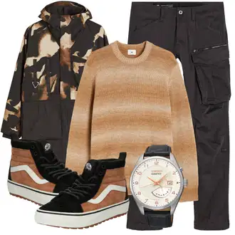 Outfit mit Schwarz/Dunkelgrün/Braun Regenjacke/Wachsjacke/Bundeswehr Parka/Parka-übergangsjacke/Winter Parka/Funktionsjacke/2in1 Jacke/Nachhaltige Jacke Default "Casual Outfit"