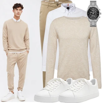 Outfit mit Khaki/Weiß/Beige/Braun Feinstrickpullover/Einfacher Pullover/Wollpullover/Basic Pullover/Kaschmir Pullover/Rundhals Pullover/Thermo Pullover Jack & Jones "Casual Outfit"