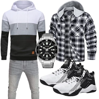 Outfit mit Blau/Weiß/Schwarz/Hellblau/Grau Flanellhemd/Kariertes Hemd TACVASEN "Casual Outfit"