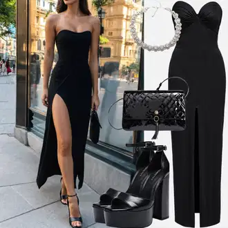 Outfity na Nový rok s Černá/Tmavě modrá Šaty Carmen/Midi Šaty/Šaty S Odhalenými Rameny Edited "Černý Sexy Vzhled"