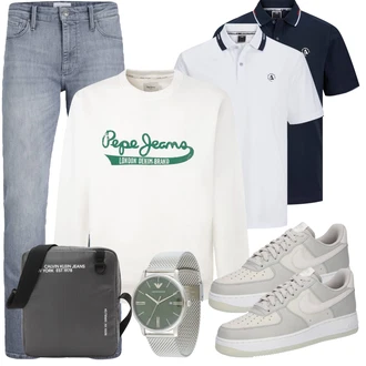 Frühlings Outfits Esthetische mit Blau/Hellgrau/Grau/Khaki Leder Sneaker/Sneaker Low/Skateschuh/Schmaler Sneaker/Vintage Sneaker Nike Sportswear "Cool Outfit"Look: Esthetische, Bad Taste, Extravagante, Hip Hop, Schön, Sportlich, Boyfriend, Classic, Smart Casual, Streetwear, Unisex
