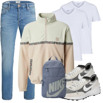 Retro Outfit mit Blau/Hellblau Damen 7/8-Länge Jeans/Knöchelstiefel/Sportschuhe/Cropped Jeans/Girlfriend Jeans/Jeans mit Schlitz/Low Rise Jean/Regular-Fit Jeans/Lederjacke/Slim Fit Jeans/Straight Leg Jean/Leder Schuhe/Tapered-Jeans/Vintage Jeans/Winterjacke Jack & Jones "Cool Outfit"Look: Uni, 70er, Casual, Classic, Coole, Schön, Old Money, Premium, Retro, Schlichte, Smart Casual, Vintage