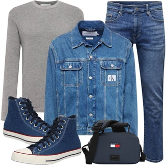 90er Outfit mit Hellblau/Blau Bluse Große Größe/Vintage Jacke/Kurze Jeansjacke Calvin Klein Jeans "Cool Outfit"Look: Workwear, 90er, Schön, Retro