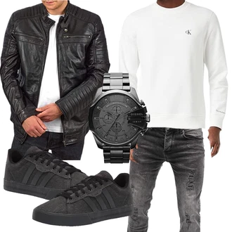 Stil Motorrad Outfit mit Schwarz/Dunkelgrün/Grau/Dunkelbraun Motorradjacke/Bikerjacke/Leder Bomberjacke/Vintage Lederjacke/KunstLederjacke FAPA "Cool Outfit"Look: Dad, Stil, Elegant, Indoor, Feine, Techno, Coole, Punk, Schön, Workwear, Lagenlook, Rockige, 80er, Freizeit, Arbeits, Motorrad, Reiten