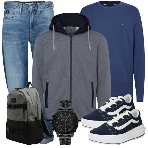 Sportlich Dunkelblau/Blau/Hellblau Schuh Canvas-Sneaker/Schmaler Sneaker/Plateau-Sneaker/Sommer Sneaker/Sneaker Low/SkateSchuh Vans kombinieren mit Schwarz Rucksack BILLABONGLook: Hip Hop, Rap, Skater, Sportlich, Casual, Classic, Smart Casual, Streetwear, Trendige, Unisex