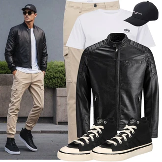 Große Größen Outfit mit Schwarz/Creme/Dunkelgrün Mantel/Lederjacke/Leder Bomberjacke/KunstLederjacke/Vintage Lederjacke/Bikerjacke/Motorradjacke Jack & Jones "Cool Outfit"