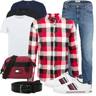 Sommer Outfit mit Blau/Hellblau Low Rise Jean/Straight Leg Jean/Slim Fit Jeans/Tapered-Jeans/Regular-Fit Jeans/Girlfriend Jeans/Boyfriend Jean/Dad Jeans/Formelles Hemd/Sportschuhe/Winterjacke/Damen 7/8-Länge Jeans/Knöchelstiefel/Leder Schuhe/Low Waist Jean Jack & Jones "Cool Outfit"