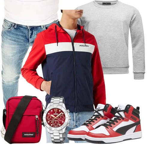 Rot/Hellblau Collegejacke/Kastenjacke/Sommerjacke/Coachjacke/Vintage Jacke/Kapuzenjacke/Windbreaker Jacke/Sportjacke/Segeljacke Jack & Jones kombinieren