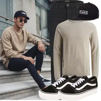 Outfit mit Beige/Khaki/Weiß Rollkragenshirt/Langarm-Shirt/Strick Top/Klassische Länge Jack & Jones "Cool Outfit"