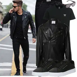 Gefütterte Outfit mit Schwarz/Orange/Creme/Dunkelrot Bikerjacke/KunstLederjacke/Lederjacke/Motorradjacke/Vintage Lederjacke DAN FOX APPAREL "Cool Outfit"