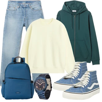 Retro Outfit mit Blau/Hellblau Canvas-Sneaker/Skateschuh/Sneaker Mit Lochmuster/Sneaker Mit Seitlichem Reißverschluss/Sommer Sneaker/Vintage Sneaker Vans "Cool Outfit"Look: Maritim, Skater, Sportlich, Vintage, 60er, Esthetische, Casual, Classic, Retro, Unisex