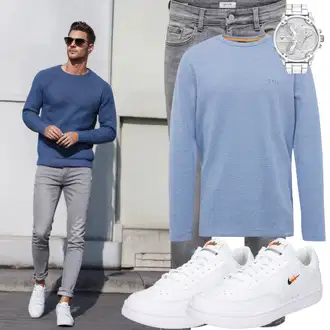 Herbst Outfit mit Weiß/Blau/Creme Leder Sneaker/Sneaker Low/Skateschuh/Schmaler Sneaker/Vintage Sneaker Nike Sportswear "Cool Outfit"