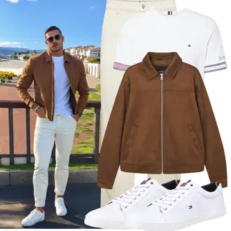 Outfit mit Weiß/Creme Sneaker Low/Schmaler Sneaker/Leder Sneaker/Sommer Sneaker/Canvas-Sneaker/Freizeitschuh/Skateschuh/Sneaker Mit Seitlichem Reißverschluss Tommy Hilfiger "Cool Outfit"
