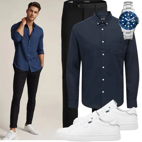 Schick Weiß/Dunkelblau/Creme Sneaker Low/Leder Sneaker/Schmaler Sneaker/Plateau-Sneaker Jack & Jones kombinierenLook: Uni, Streetwear, Casual, Schick, Esthetische, Sportlich, Rap, Unisex