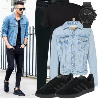 90er Outfit mit Blau/Hellblau Jeansjacke/Kurze Jeansjacke/Vintage Jacke/Große Größe Mantel/Bluse Große Größe Only & Sons "Cool Outfit"Look: Rad, Uni, 70er, 90er, Vintage, Western, Retro