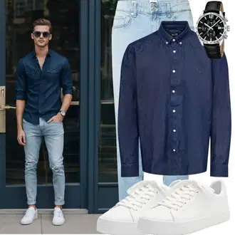 Sommer Outfit mit Hellblau Hose Große Größe/Slim Fit Jeans/Girlfriend Jeans/Tapered-Jeans/Straight Leg Jean/Boyfriend Jean/Regular-Fit Jeans/Herren Lederjacke/Leder Schuhe/Knöchelstiefel/Low Rise Jean/Lederjacke/Schlupfjeans/Sportschuhe Only & Sons "Cool Outfit"