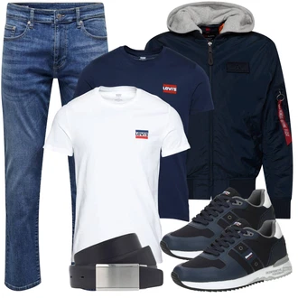 Outfit mit Blau/HellBlau Cropped Jeans/Damen 7/8-Länge Jeans/Tapered-Jeans/Girlfriend Jeans/Straight Leg Jean/Dad Jeans/Jeans mit Schlitz/Boyfriend Jean/Vintage Jeans/Slim Fit Jeans/Regular-Fit Jeans/Knöchelstiefel/Formelles Hemd/Winterjacke/Sportschuhe Only & Sons "Cool Outfit"