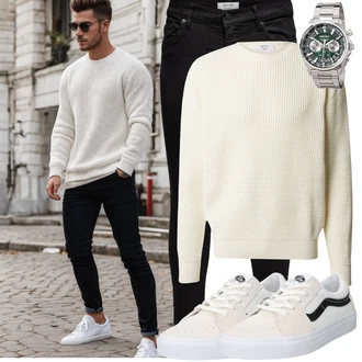 Outfit mit Creme/Khaki/Beige/Weiß Einfacher Pullover/Basic Pullover/Kaschmir Pullover/Thermo Pullover/Strickpullover/Wollpullover/FeinStrickpullover/Carmenpullover/Rundhals Pullover DAN FOX APPAREL "Cool Outfit"