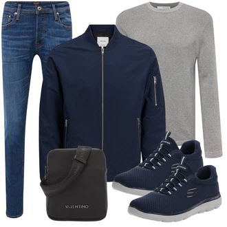 Outfit mit Blau/HellBlau Slim Fit Jeans/Leder Schuhe/Lederjacke/Damen 7/8-Länge Jeans/Low Rise Jean/Tapered-Jeans/Winterjacke/Low Waist Jean/Schlupfjeans/Jeans mit Schlitz/Straight Leg Jean/Regular-Fit Jeans/Cropped Jeans/Knöchelstiefel Jack & Jones "Cool Outfit"