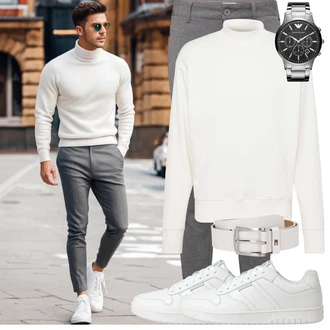Outfit mit Weiß/Creme/Khaki Hoodie/Women's Fleece Sweatshirts/Lederjacke/Sport Sweatshirt/Rollkragenpullover/Feinstrickpullover/Einfacher Pullover/Basic Pullover/2-in-1 Pullover Drykorn "Cool Outfit"