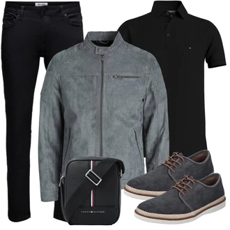 Große Größen Outfit mit Grau/Dunkelblau/Dunkelgrau/Hellgrau Bikerjacke/KunstLederjacke/Jacke mit Seitlichem Reißverschluss/Motorradjacke/Reitjacke/Frühlingsjacke/Trachtenstrickjacke/Wachsjacke/Mantel Jack & Jones "Cool Outfit"
