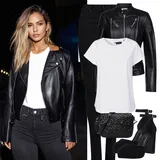 Leather leggings outfits Temno modra za dame image