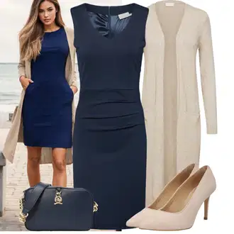Outfit sa Tamnoplava Uska Haljina/Pamučna haljina/Pletena Haljina/Platnena Haljina/Haljina s Prednjim Patentnim Zatvaračem/Haljina Ravnog Kroja/Poslovna Haljina/Haljina za ured/Haljina Bez Rukava Kaffe "Moderan outfit za slobodno vrijeme"